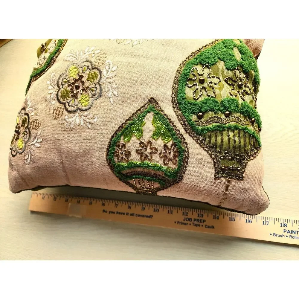 Pier 1 Beaded Embroidered Throw Pillow 16x12 Green Floral Accent Decor